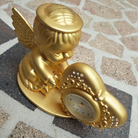 Cherub Clock Golden Mini Clock Cupid Angel by Elgin - Picture 3 of 10